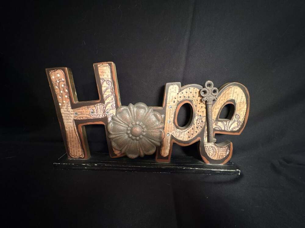 Carson Home Accents HOPE Shelf Sign with Burlap Look Flower Vintage Key